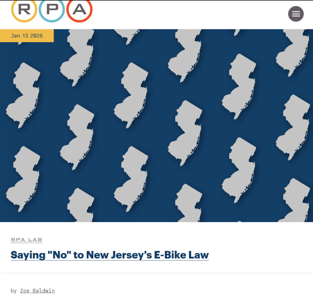 Website page. Header "RPA" (Regional Plan Association). Date "Jan 13 2026". Head "Saying 'No' to New Jersey's E-Bike Law". "by Zoe Baldwin"