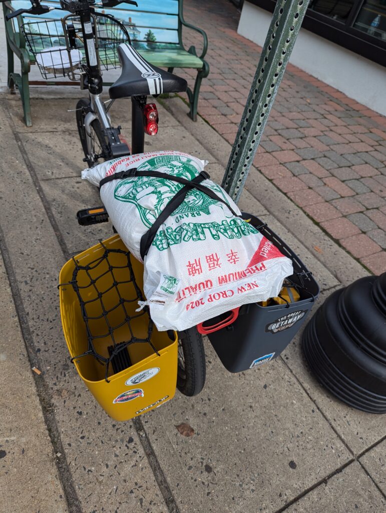 Photo of the rear of folding bike with a rear rack and bucket panniers. On top of the rack is a 25 lb sack of rice that is strapped to the rear rack